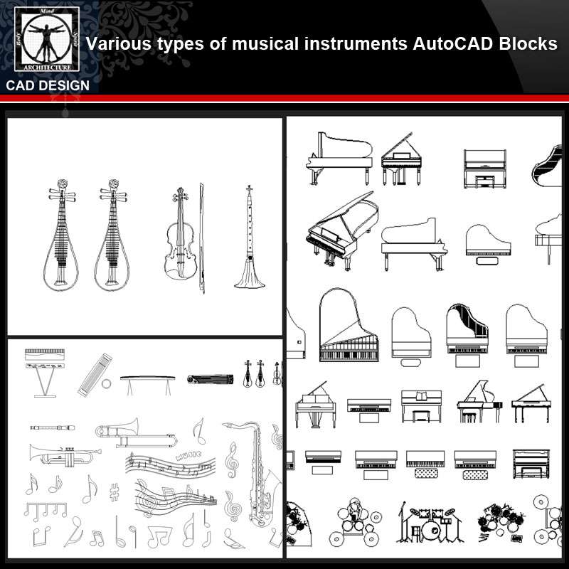 claridad Derritiendo Química ☆【Various types of musical instruments Autocad Blocks】All kinds of musical  instruments CAD blocks Bundle – Free Autocad Blocks & Drawings Download  Center